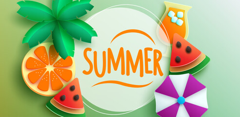 A summer scene with watermelon, orange, umbrella, and summer text, all in paper cut style. Vector Illustration.
