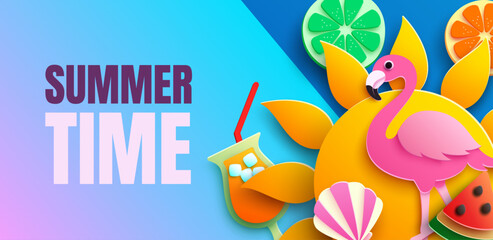 A summer background design in paper cut style featuring a sun, famingo, a slice of watermelon, and a cocktail with a straw on a bright blue background. Vector Illustration.