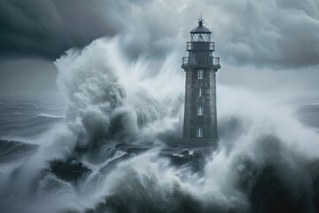 A powerful wave crashes against a resilient lighthouse, showcasing the grandeur of the turbulent sea meeting solid structure. - obrazy, fototapety, plakaty