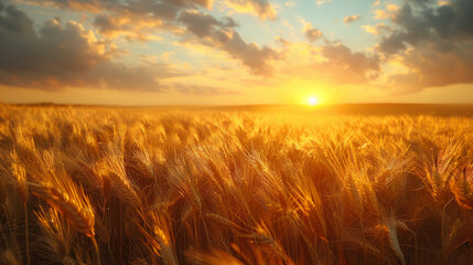 Naklejka premium A field of golden wheat with a bright sun in the sky