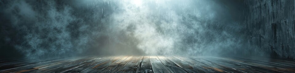 Background texture dark concrete with wooden floor with mist or fog around.