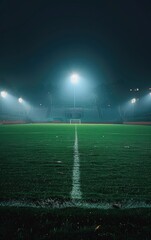 Empty soccer field stadium with spotlight and green grass.