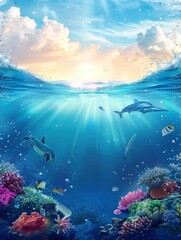 Fototapeta na wymiar World Oceans Day Poster design, realistic, HD, copy space - generative ai