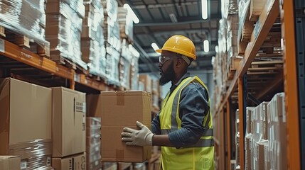 Fototapeta premium Afro male wearing safety outfit inspects cardboard box for shipment. Warehouse worker checking stocks in large warehouse.