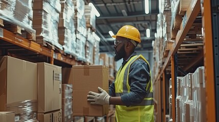 Afro male wearing safety outfit inspects cardboard box for shipment. Warehouse worker checking stocks in large warehouse.