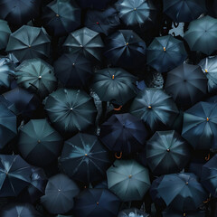 Seamless pattern of black umbrellas, aerial view