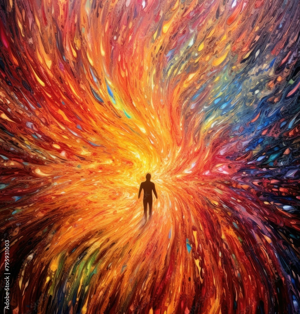 Aufkleber a man standing in the center of an abstract swirl. generative ai.