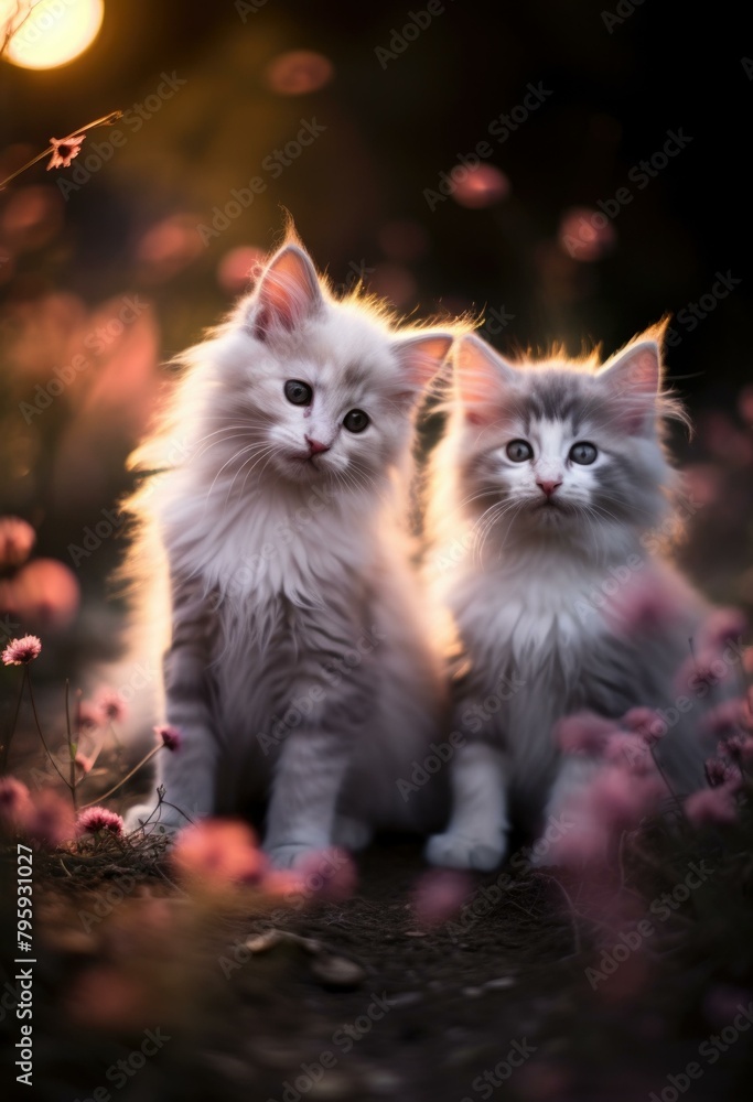Poster two kittens are sitting next to each other in a field. generative ai.