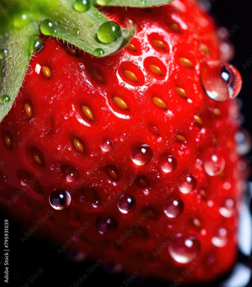 Poster a close up of a strawberry with water droplets on it. generative ai.