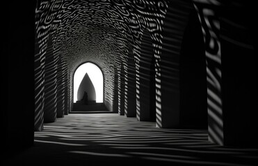 A person sitting in a dark tunnel with shadows on the wall. Generative AI.