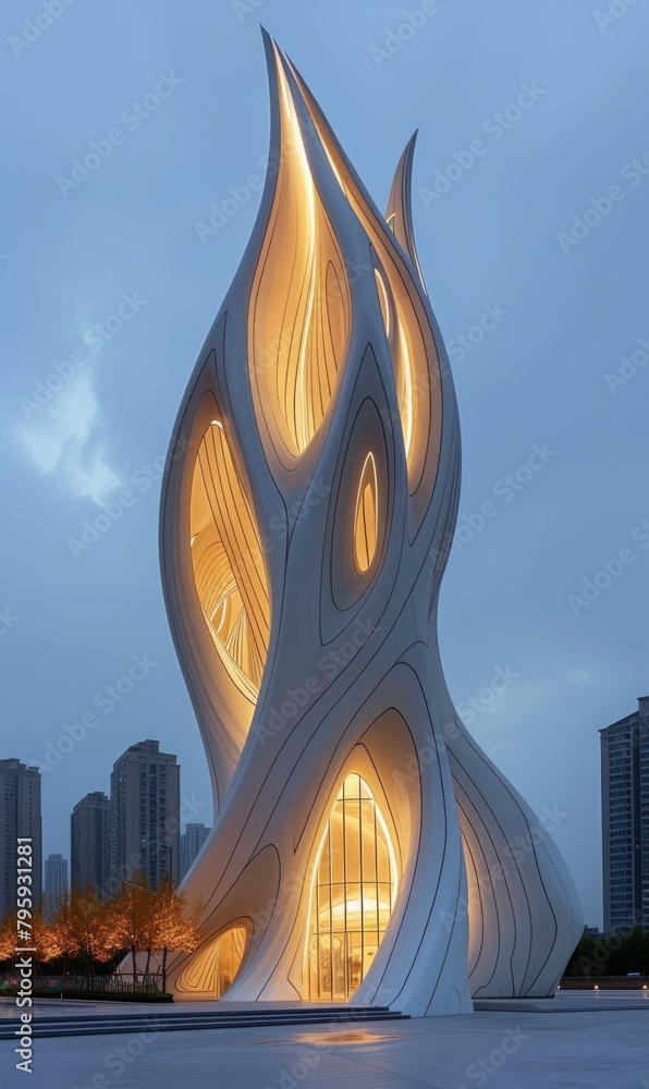 Poster a building with a very unusual shape that is lit up. generative ai.
