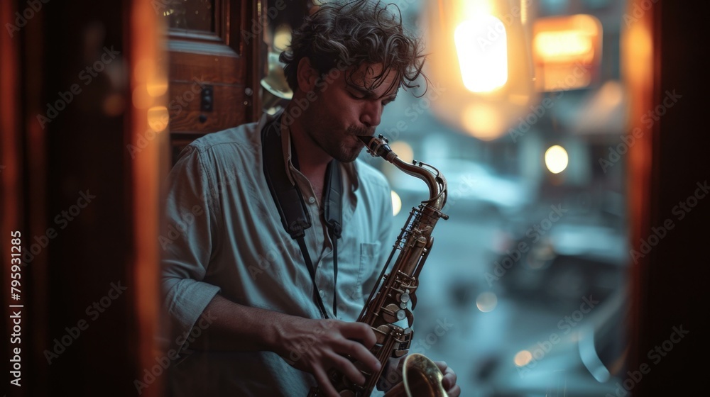 Aufkleber a man playing a saxophone in front of an open window. generative ai.