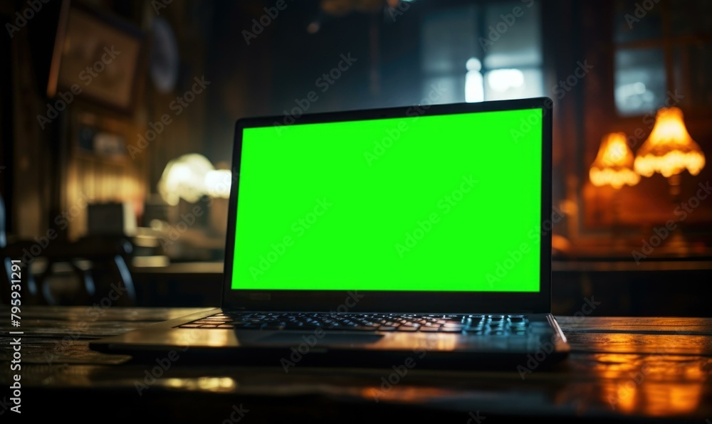Poster a laptop computer with a green screen on top of the table. generative ai.
