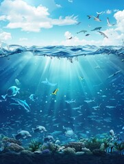 World Oceans Day Poster design, realistic, HD, copy space - generative ai