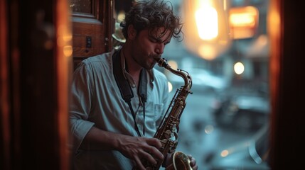 A man playing a saxophone in front of an open window. Generative AI.