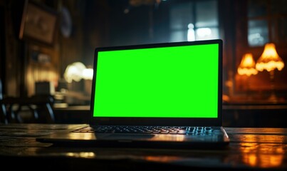 A laptop computer with a green screen on top of the table. Generative AI. - Powered by Adobe