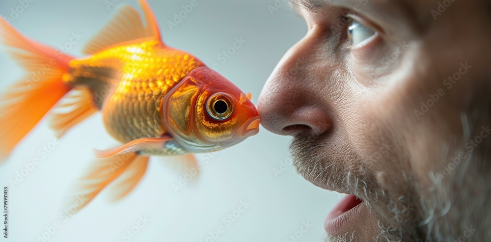 Poster a man with a goldfish in his nose looking at it. generative ai.