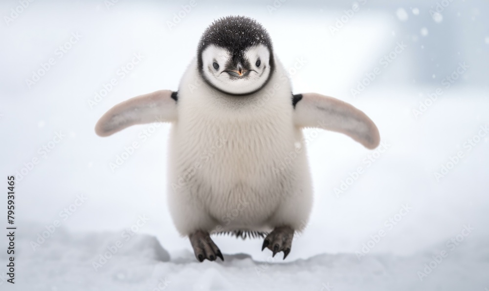 Poster a small penguin is walking in the snow with its wings spread. generative ai.