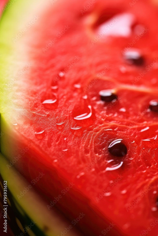 Poster a close up of a slice of watermelon with some seeds on it. generative ai.