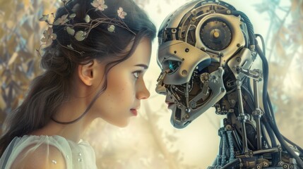 Fototapeta premium A woman and a robot stand facing each other, creating a powerful moment of connection and understanding.