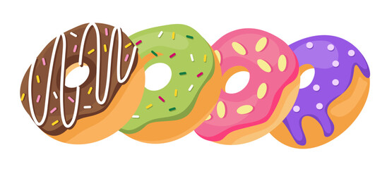 Donuts with glaze. Sweet doughnuts.  Donut with Sprinkles Doughnut Vector and Art clip Design. Cartoon donuts with different toppings, delicious sweet desserts. 