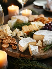 Gourmet cheese platter with wine and candles - An exquisite selection of gourmet cheeses accompanied by crackers, grapes, and lit candles creating a cozy, elegant atmosphere