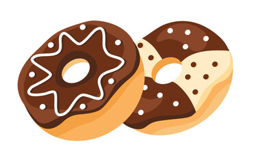 Donuts with glaze. Sweet doughnuts.  Donut with Sprinkles Doughnut Vector and Art clip Design. Cartoon donuts with different toppings, delicious sweet desserts. 