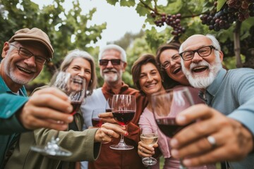 Group of seniors toasting with glasses of wine in vineyard.