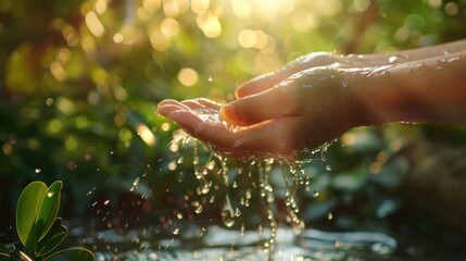 Hands in cupped form taking water from a lake or water source, AI generated image.