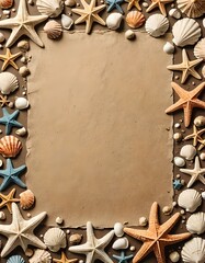 Shells and starfish frame border around worn paper