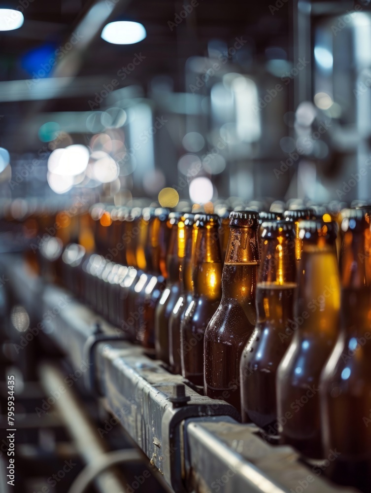 Poster conveyor belt with bottles in a brewery - photo of shiny beer bottles in a row on a modern conveyor 