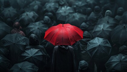 A man with a red umbrella stands out in a crowd of people with black umbrellas.