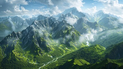 Fototapeta na wymiar Breathtaking large mountain range landscape - Stunning visual of a majestic mountain range with lush greenery and a meandering river reflecting nature's grandeur