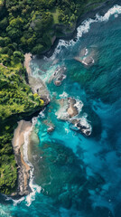Aerial view of a lush coastal landscape - Stunning overhead shot capturing the raw beauty of a vibrant coastline with lush greenery and clear blue waters along rocky formations