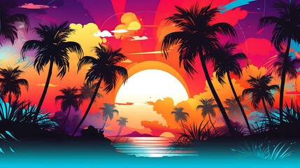 a beach scene and palm trees