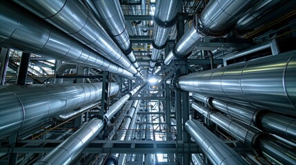 An intricate array of steel pipelines and valves overhead in an energy plant, shot from below