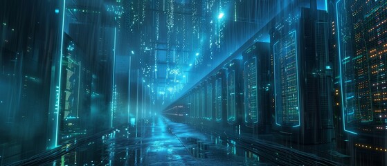 A long, dark hallway with blue lights on the walls and a blue light at the end of the hall.