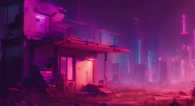 3d view of small cyberpunk house in the suburbs ,cyberpunk city background