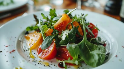 Plate of fresh salad with tomatoes and greens