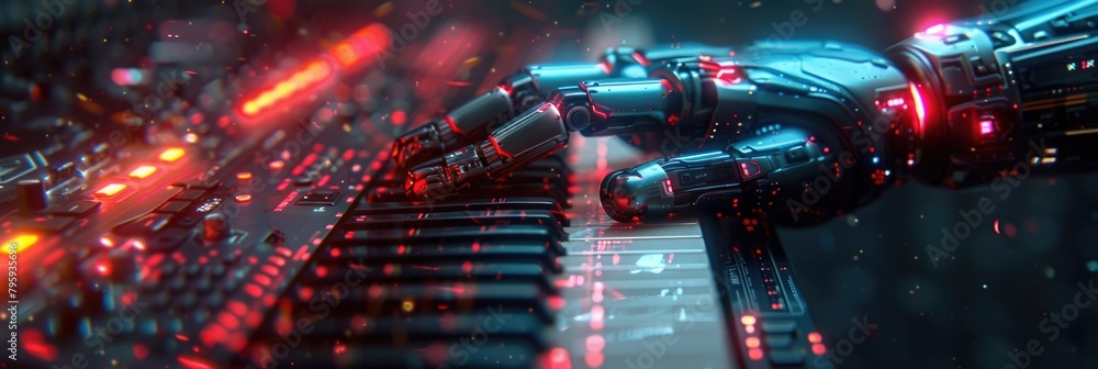 Poster an artistic depiction of robotic hands in a sci-fi setting producing music.