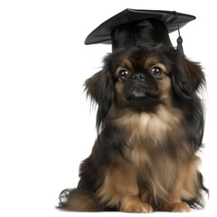 pekingese puppy dog with academic bachelor hat isolated on white background