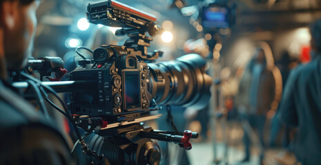 Close up of a professional video camera operator shooting film on a set with people in the background, the focus is on the camcorder and a director