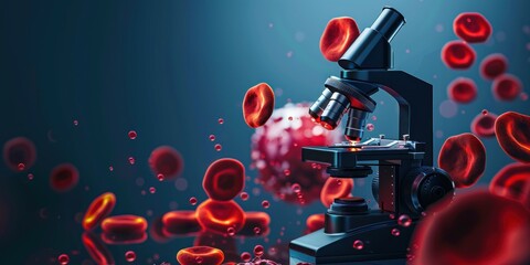 Science background wallpaper with 3D microscope icons and flying red blood cells, depicting the concept of blood cancer cell research