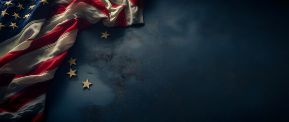 Abstract background with old flag of the United States and golden stars on blue painted surface. Artistic backdrop for Memorial Day and Independence Day with old American flag and navy wall.