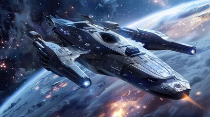 Futuristic spaceship in outer space. Science fiction wallpaper.AI generated image.