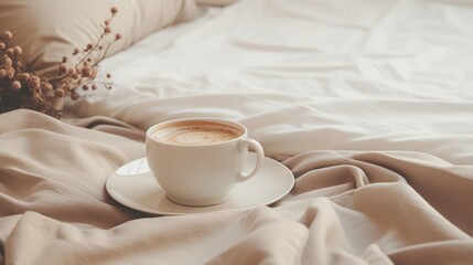 Vintage-toned white bed background with a cup of coffee. Idea of a lifestyle.