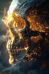 Fiery Skull Symbolizing Transition Into the Afterlife,Isolated Backdrop with Dramatic Cinematic Lighting and Detailing
