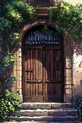 Obraz premium the Old wooden door overgrown with ivy