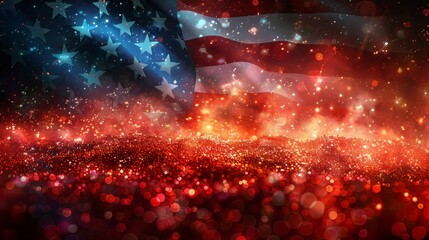 American flag waving proudly against a blurry bokeh background, offering ample space for patriotic messages or celebratory designs.