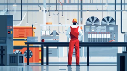 A factory operator in red overalls supervising a production line enhanced with AI technology